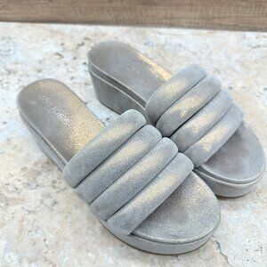 J/SLIDES Quirky Sandals Womens Bluish Metallic Suede Leather Slides Wedge 8.5
